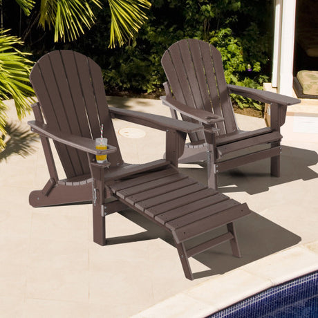 Patio All-Weather Folding Adirondack Chair with Pull-Out Ottoman-Brown