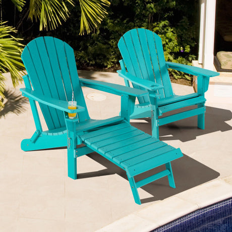 Patio All-Weather Folding Adirondack Chair with Pull-Out Ottoman-Turquoise