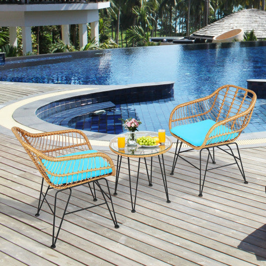 3 Pieces Rattan Furniture Set with Cushioned Chair Table-Turquoise