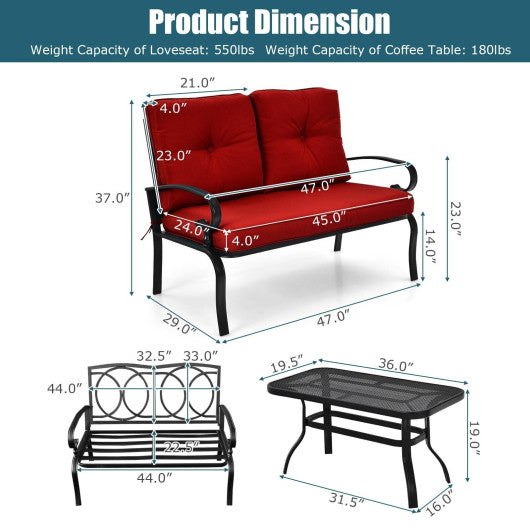 2 Pieces Patio Loveseat Bench Table Furniture Set with Cushioned Chair-Red