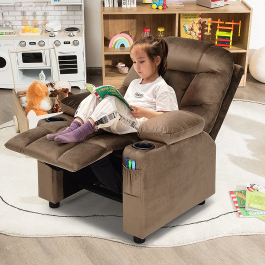 Kids PU Leather/Velvet Fabric Kids Recliner Chair with Cup Holders-Light Brown