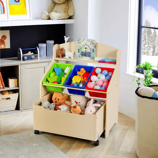 Kids Wooden Toy Storage Unit Organizer with Rolling Toy Box and Plastic Bins-Natural