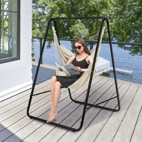 Hanging Padded Hammock Chair with Stand and Heavy Duty Steel-Beige