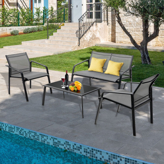 4 Pieces Patio Furniture Set with Armrest Loveseat Sofas and Glass Table Deck-Gray