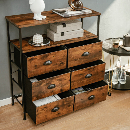 2-Tier Storage Chest with Wooden Top and 6 Fabric Drawers-Rustic Brown
