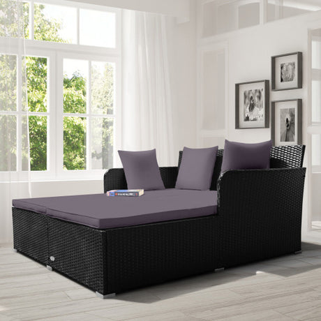 Spacious Outdoor Rattan Daybed with Upholstered Cushions and Pillows-Gray