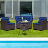 4 Pieces Patio Rattan Furniture Set Cushioned Sofa Glass Table-Navy