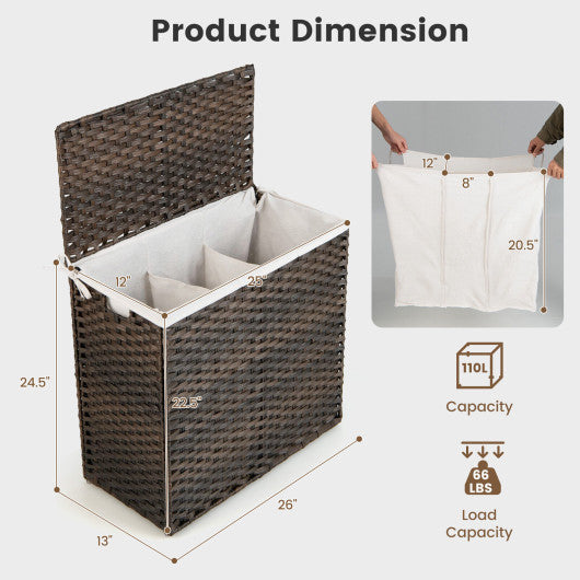 10L 3-Section Laundry Hamper with Liner Bag and Handle-Brown