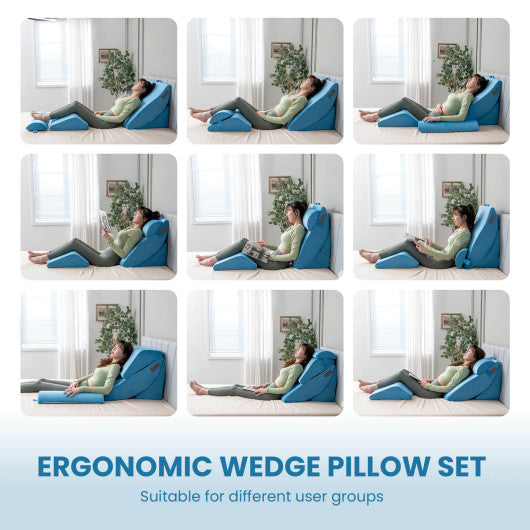 4 Pieces Orthopedic Bed Wedge Pillow Set for Pain Relief-Blue