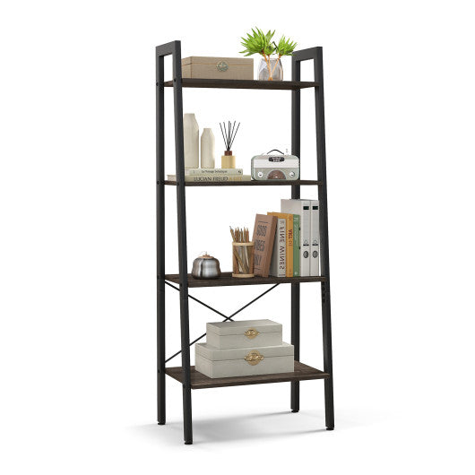 4-Tier Bookshelf with Metal Frame and Adjustable Foot Pads-Oak