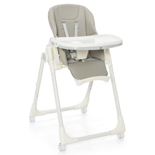 Folding High Chair with Height Adjustment and 360° Rotating Wheels-Gray