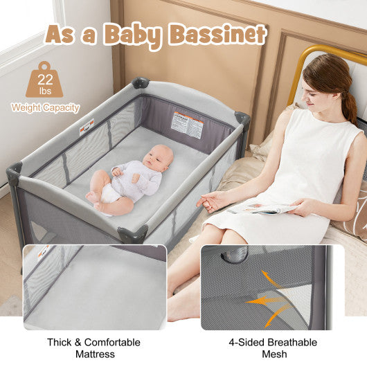 5-in-1 Portable Baby Playard with Cradle and Storage Basket-Gray