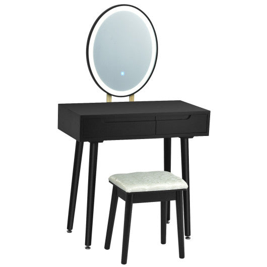 Touch Screen Vanity Makeup Table Stool Set with Lighted Mirror-Black