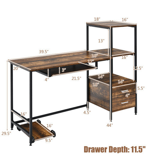 55.5 Inch Computer Desk with Movable Stand and Bookshelves-Rustic Brown