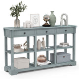 58" Retro Console Table with 3 Drawers and Open Shelves Rectangular Entryway Table-Blue