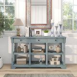 58" Retro Console Table with 3 Drawers and Open Shelves Rectangular Entryway Table-Blue