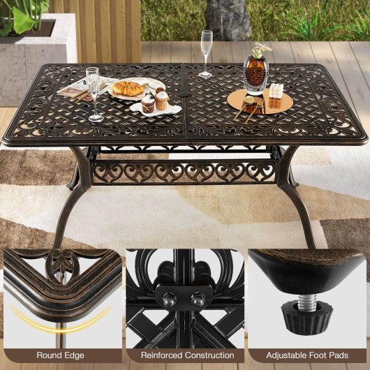 59 Inch Aluminum Patio Dining Table with Umbrella Hole fot 6 Persons-Bronze