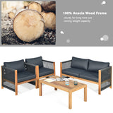 4 Pieces Acacia Wood Outdoor Patio Furniture Set with Cushions-Gray