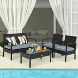 4 Pieces Patio Rattan Cushioned Furniture Set with Loveseat and Table-Black