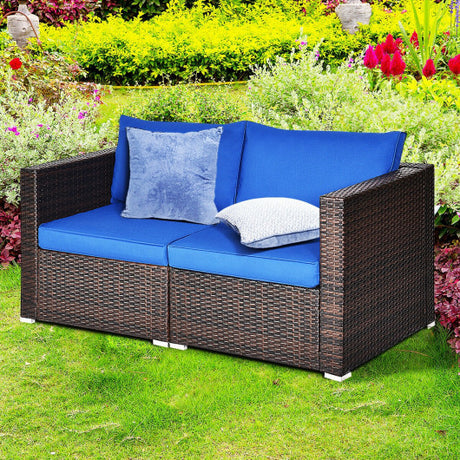 2PCS Patio Rattan Sectional Conversation Sofa Set-Navy