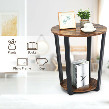 2-tier Round End Table with Storage Shelf and Metal Frame-Brown