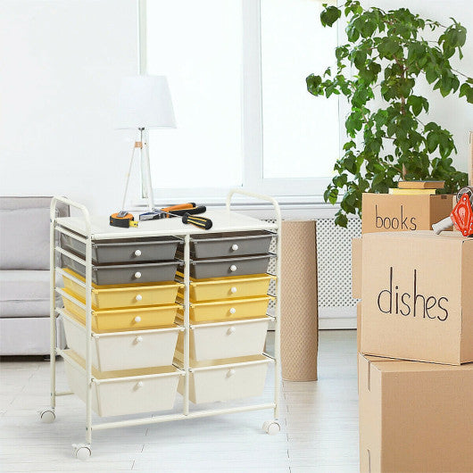 12 Drawers Rolling Cart Storage Scrapbook Paper Organizer Bins-Yellow