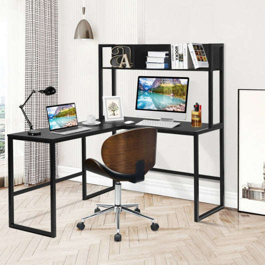 Reversible L-Shaped Corner Desk with Storage Bookshelf-Black