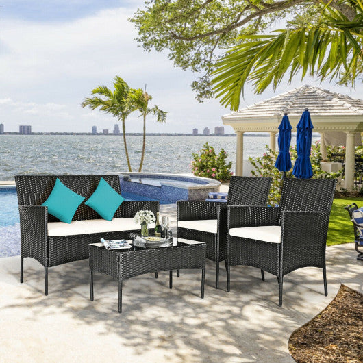 4 Pcs Patio Rattan Cushioned Sofa Furniture Set