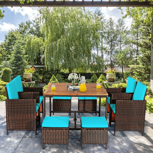 9 Pieces Patio Rattan Dining Cushioned Chairs Set-Turquoise