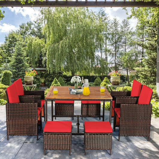 9 Pieces Patio Rattan Dining Cushioned Chairs Set-Red