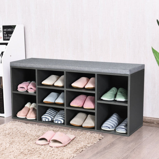 10-Cube Organizer Shoe Storage Bench with Cushion for Entryway-Gray