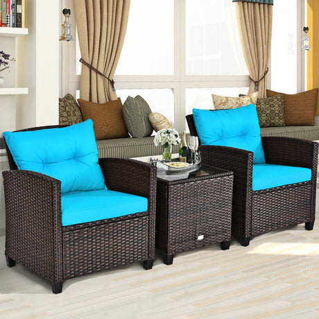 3 Pcs Patio Rattan Furniture Set Cushioned Conversation Set Coffee Table-Turquoise