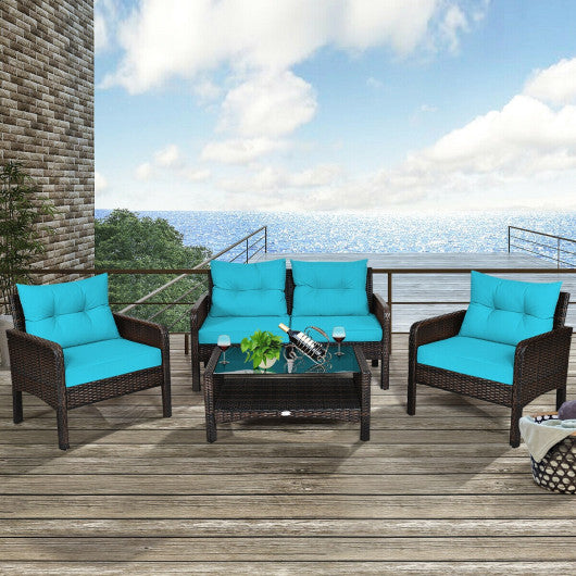 4 Pieces Outdoor Rattan Wicker Loveseat Furniture Set with Cushions-Turquoise