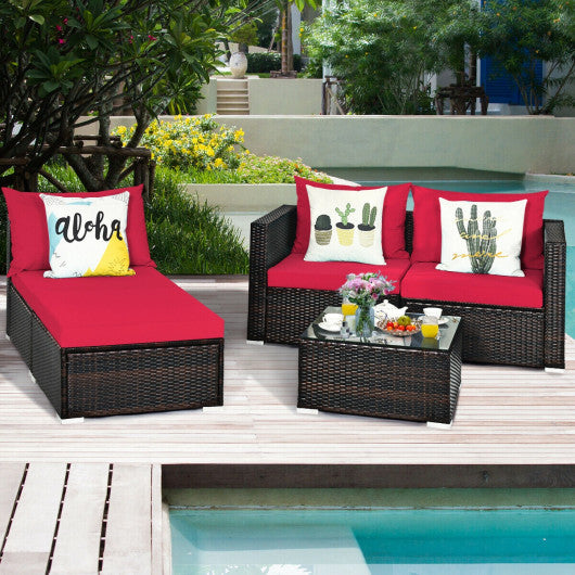 5 Pieces Patio Rattan Sectional Furniture Set with Cushions and Coffee Table-Red