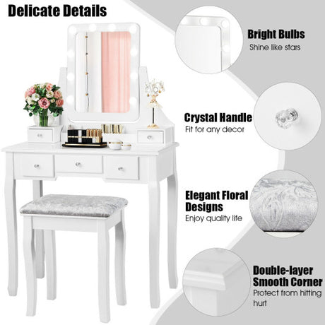 Vanity Dressing Table Set with 10 Dimmable Bulbs and Cushioned Stool-White