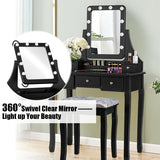 Vanity Dressing Table Set with 10 Dimmable Bulbs and Cushioned Stool-Black