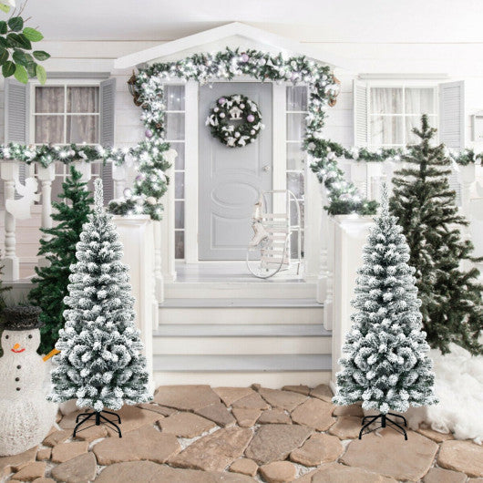 4.5 Feet Unlit Hinged Snow Flocked Artificial Pencil Christmas Tree with 242 Branch