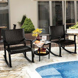 3 Pieces Patio Rattan Furniture Set with Coffee Table and Rocking Chairs