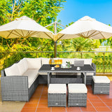 7 Pieces Patio Rattan Dining Furniture Sectional Sofa Set with Wicker Ottoman-Beige