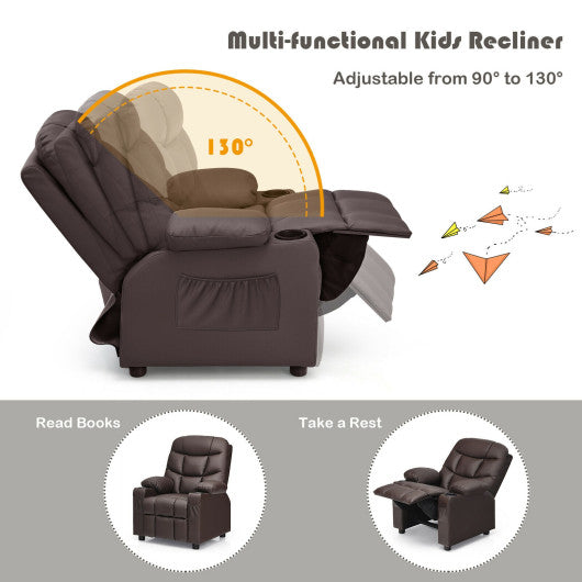 PU Leather Kids Recliner Chair with Cup Holders and Side Pockets-Brown