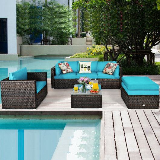 6 Pcs Patio Rattan Furniture Set with Sectional Cushion-Turquoise