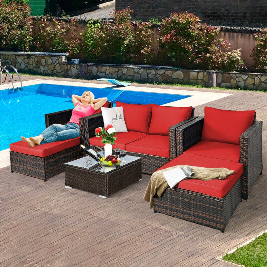 5 Pieces Patio Cushioned Rattan Furniture Set-Red