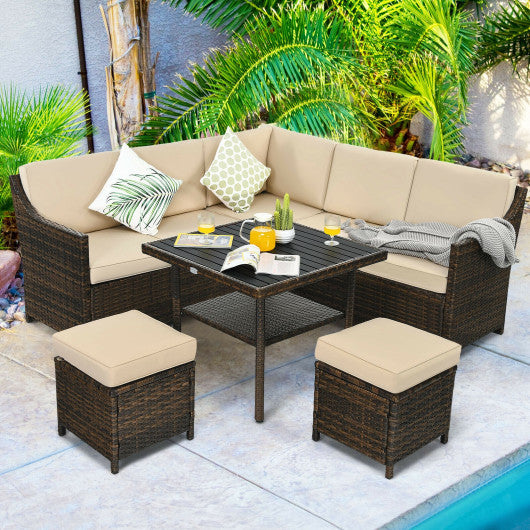 6 Pieces Patio Rattan Dining Sofa Funiture Set