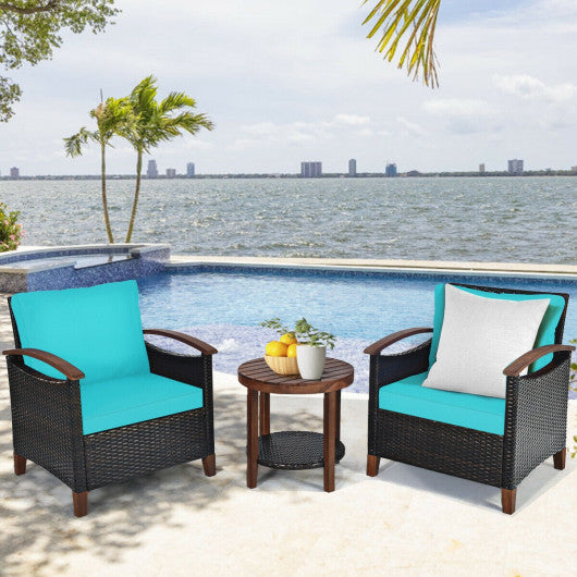 3 Pieces Patio Rattan Furniture Set with Washable Cushion and Acacia Wood Tabletop-Turquoise