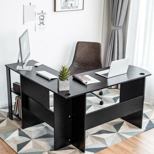 Modern L-Shaped Computer Desk with Shelves-Black