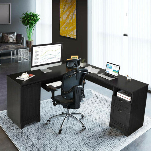 66 Inch L-Shaped Writing Study Workstation Computer Desk with Drawers-Black