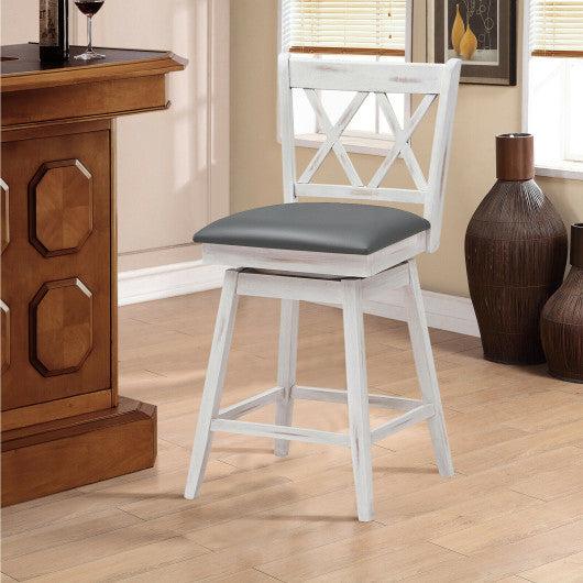 2 Pieces 24 Inch Swivel Counter Height Barstool Set with Rubber Wood Legs-White