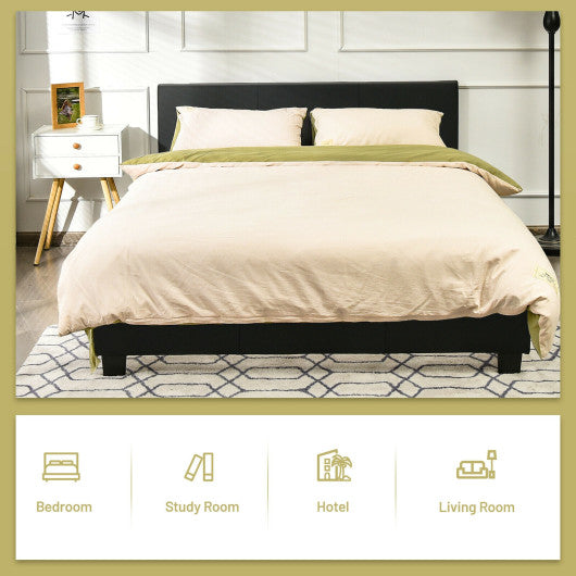 Queen Upholstered Platform Bed Frame with Linen Headboard Wood Slat-Black