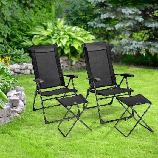 4 Pieces Patio Adjustable Back Folding Dining Chair Ottoman Set-Black