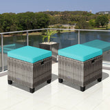 2PCS Patio Rattan Wicker Ottoman Seat with Removable Cushions-Turquoise